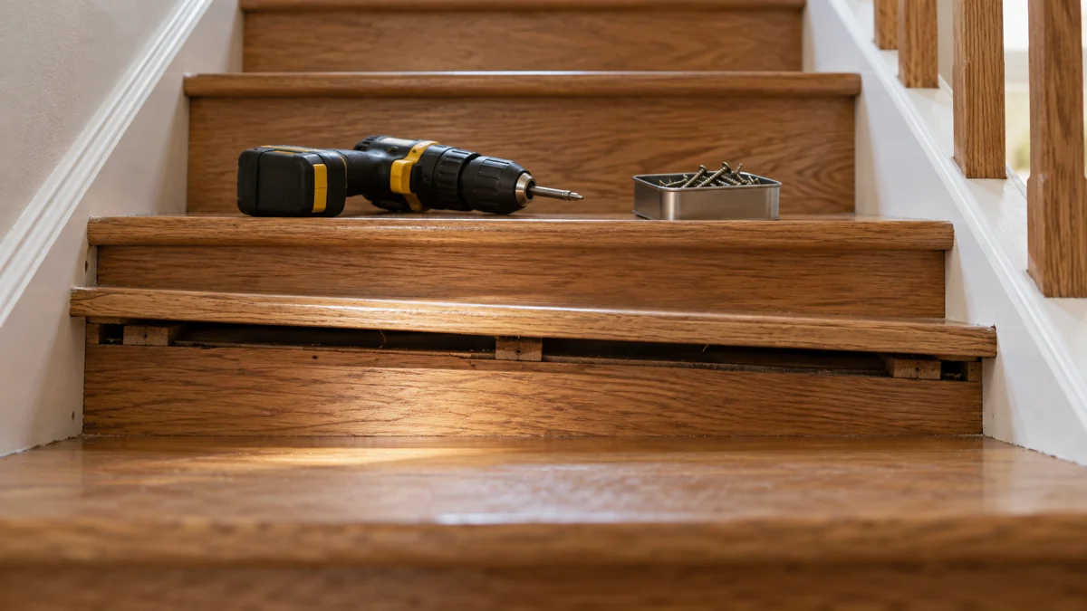 A wooden staircase seen from the bottom, one tread lifted at the edge with a cordless drill and a small tin of screws resting on the step above it