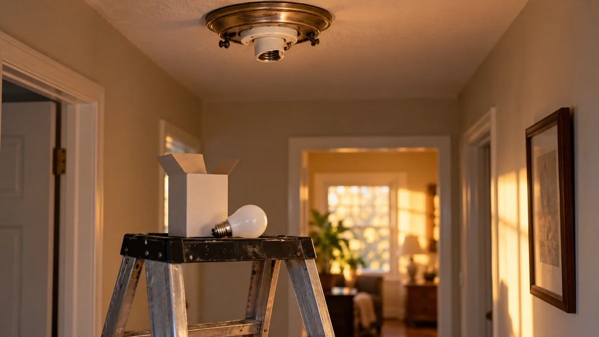 A ceiling fixture in a narrow hallway with its glass shade removed, a stepladder open underneath it and a new bulb in its box on the top step