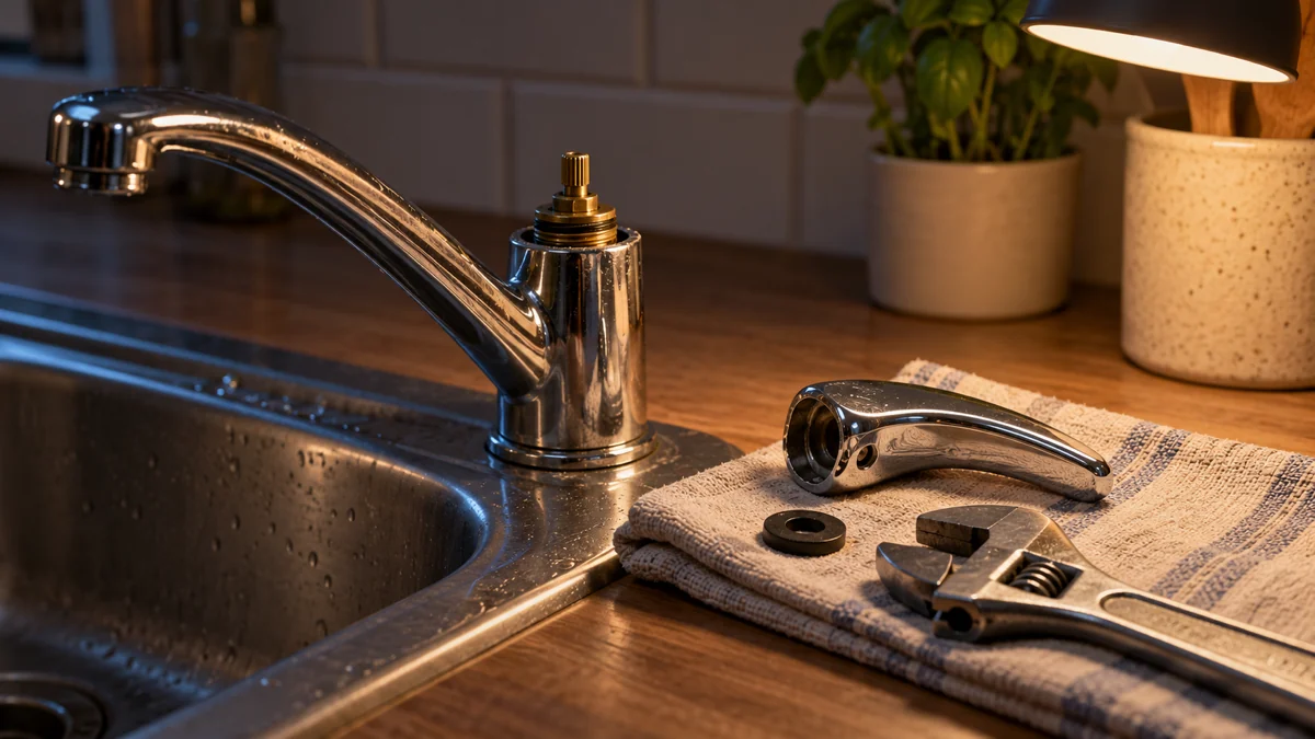 A kitchen tap with its handle removed and laid on a folded cloth beside the sink, a small rubber washer and a wrench next to it under the light of a single lamp